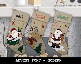 Custom Christmas Stocking - Advent Font - Modern Style: Santa Sled, Reindeer, Santa.