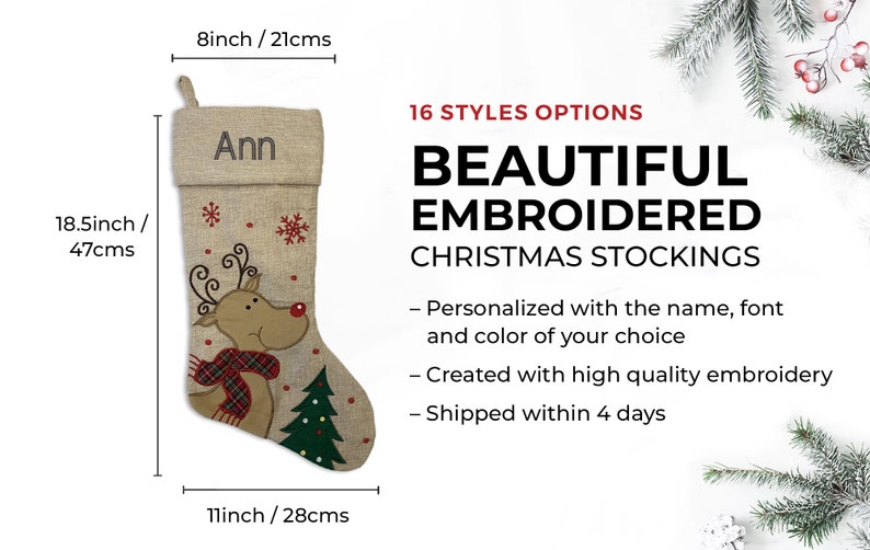 Custom Christmas Stocking Curly Font Modern Style: Santa Sled, Reindeer, Santa, image 3