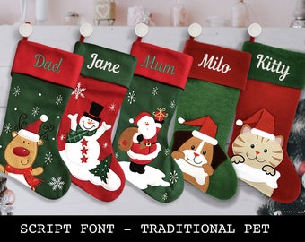 Custom Christmas Stocking - Script Font - Traditional Design: Santa, Reindeer, Snowman