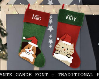Custom Christmas Stocking - Pet Stockings for Dog and Cats - Traditional Design - Block Font