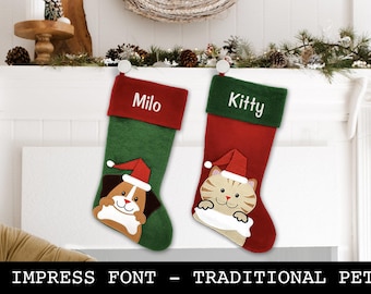 Custom Christmas Stocking - Pet Stockings for Dog and Cats - Traditional Design - Comic Font