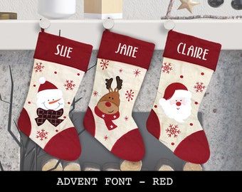 Custom Christmas Stocking - Advent Font - Red Style: Snowman, Reindeer, Santa