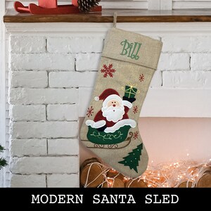 Custom Christmas Stocking Curly Font Modern Style: Santa Sled, Reindeer, Santa, Modern Santa Sled