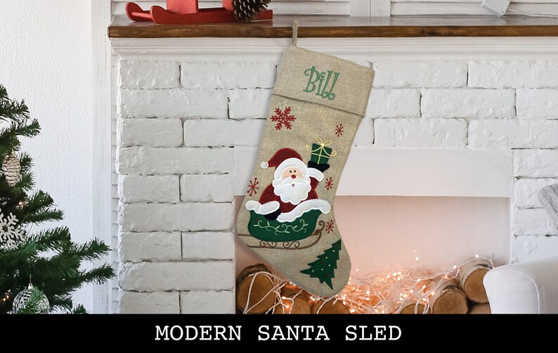 Custom Christmas Stocking Curly Font Modern Style: Santa Sled, Reindeer, Santa, Modern Santa Sled