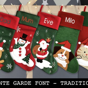 Custom Christmas Stocking - Avante Garde Font - Traditional: Snowman, Reindeer, Santa,