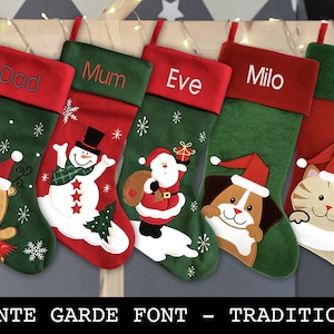 Custom Christmas Stocking - Avante Garde Font - Traditional: Snowman, Reindeer, Santa,