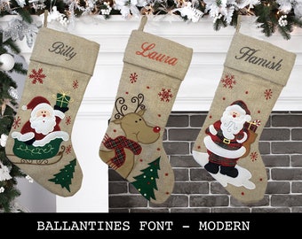 Custom Christmas Stocking - Ballantines Font - Modern Style: Santa Sled, Reindeer, Santa,