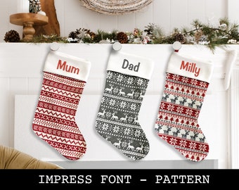 Personalisierter Weihnachtsstrumpf - Impress Font - Musterdesign: Gemischt, Rot, Grau