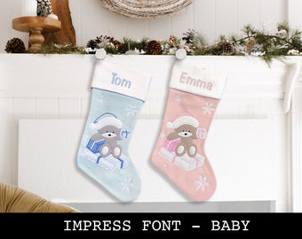 Custom Christmas Stocking - Impress Font - Baby Design.