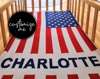 Knitted Custom USA Flag Name Baby Blanket: 100% Cotton Personalized Blanket