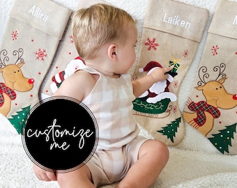 Personalized Christmas Stocking - Embroidered, Modern Collection: Santa Sled, Reindeer, Santa.