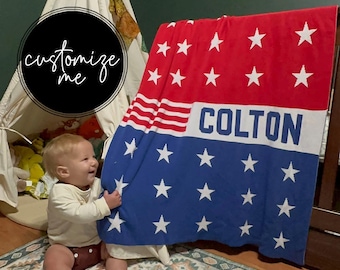 Knitted Custom All American Stars Name Baby Blanket: 100% Cotton Personalized Blanket