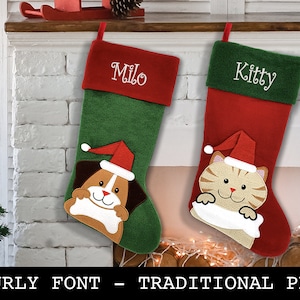 Custom Christmas Stocking - Pet Stockings for Dog and Cats - Traditional Design - Curly Font