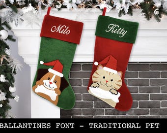 Custom Christmas Stocking - Pet Stockings for Dog and Cats - Traditional Design - Script Font