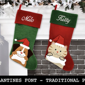 Custom Christmas Stocking - Pet Stockings for Dog and Cats - Traditional Design - Script Font