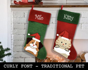 Custom Christmas Stocking - Pet Stockings for Dog and Cats - Traditional Design - Curly Font