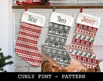 Personalisierter Weihnachtsstrumpf - Curly Schrift - Musterdesign: Gemischt, Rot, Grau