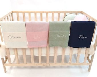 Personalised Knitted Name Blanket - Beige Sage Eggshell Pink Cot Embroidered Name Blanket