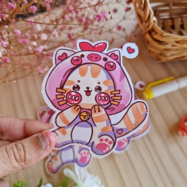 Cute Cat with Piggy Hat Sticker, Unique Vinyl Stickers for Water Bottles, Cat Lover Gifts, Cat Stickers