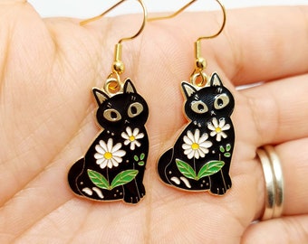 Enamel Cat Charm Dangle Earrings – Cute Kitty Drop Earrings, Whimsical Cat Jewelry Gift for Her, Colorful Feline Earrings for Cat Lovers