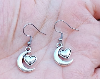 Crescent Moon and Sun Charm Dangle Earrings – Celestial Boho Jewelry, Sun and Moon Earrings for Her, Astrology Gift, Cosmic Drop Earrings