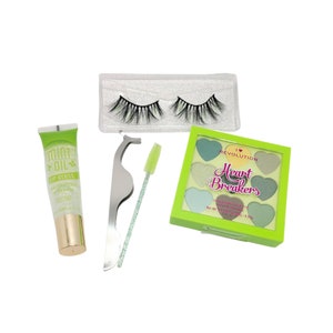Green Eyelash and Makeup Bundle Gift Set – Beauty Essentials, Vegan Makeup Kit, Lash and Lip Gloss Set, Gift for Her