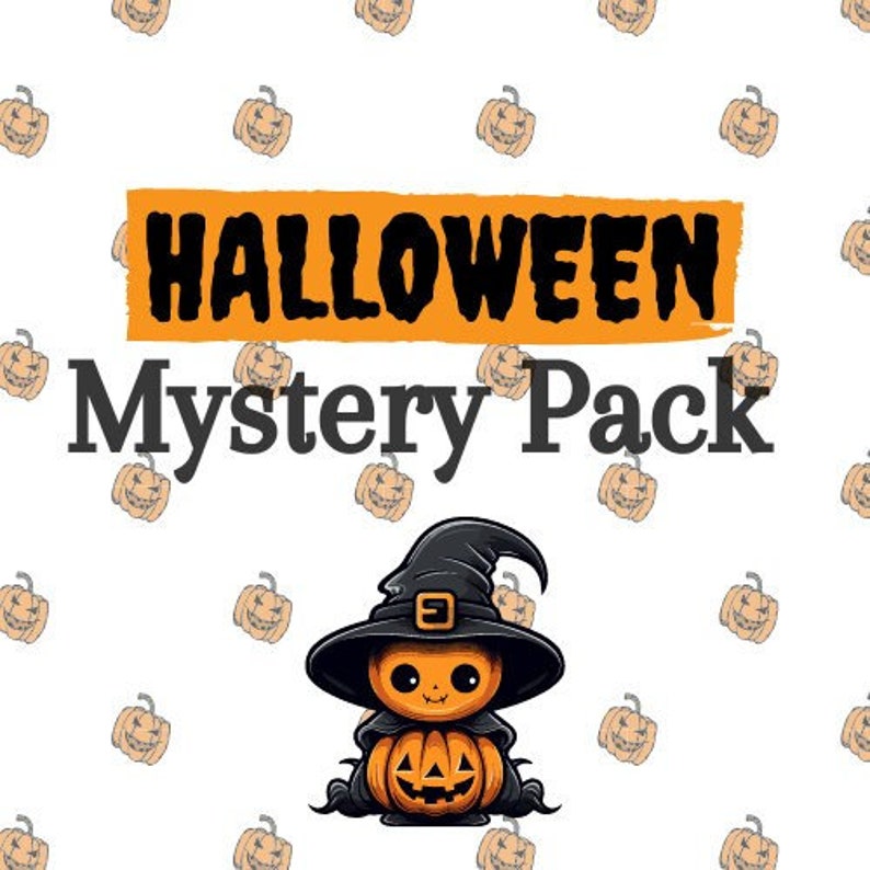 May include: A Halloween Mystery Pack featuring a cartoon illustration of a pumpkin-headed witch wearing a black hat and holding a jack-o-lantern. The background is a white pattern of orange pumpkins.