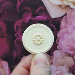May include: A white, round, decorative ceiling medallion with a raised, embossed flower design. The medallion is made of plaster or wood and has a slightly textured surface.