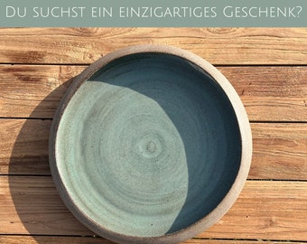 Große Keramik Schale außen naturbelassen, innen grün glasiert, Steinzeug, handgemachte Keramik Deko, Schüssel zur Dekoration, Geschenkidee