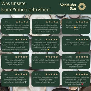 Op de afbeelding: Afbeelding met klantbeoordelingen in het Duits, met sterrenbeoordelingen en tekst op groene achtergronden. Een gouden ster met "Verk&auml;ufer Star" staat rechtsboven. De beoordelingen prijzen de productkwaliteit en service.