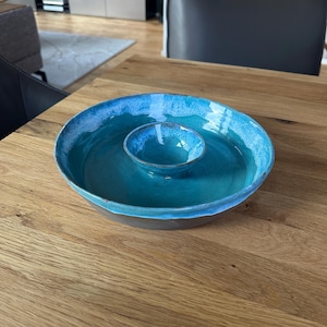 Handgemachte Chips and Dip Bowl türkis, , Nacho and dip bowl, Avocado dip and chips, bowl for chips and dip, ceramic chip and dip bowl