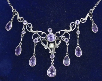 Amethyst and Pearl Necklace - Gemstone Necklace - Handcrafted Necklace - Vintage Necklace - Silver Necklace - Gifts for her