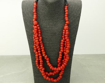 Collar llamativo con cuentas de coral rojo - 72,4 cm de largo