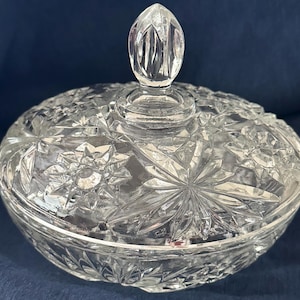 Antique EAPG Clear Glass Covered Candy Dish | Whirling Star & Pinwheel Pattern | Sawtooth Rim Lidded Compote | Grandmillennial Home Decor