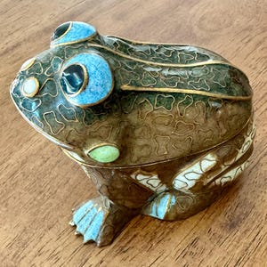 Vintage Cloisonné FROG Enameled & Metal Ceramic Trinket Box