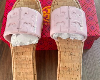 TORY BURCH Double T Sport Slide Sandal Patent Leather Petunia