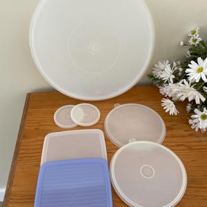 May include: A collection of white and blue plastic food storage container lids of various sizes. The lids are round and square, with a textured blue lid in the foreground. A large white round lid is at the top.