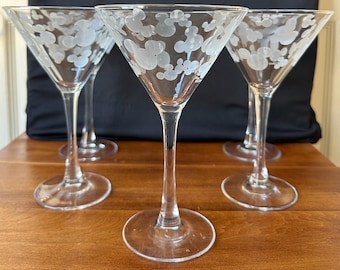 Set of 5 Disney World Etched Mickey Mouse Martini Glasses - 7.5” Crystal Stemware - Authentic Disney Parks Arribas Brothers Style