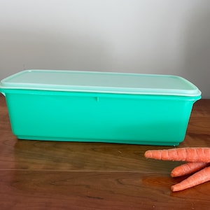 May include: A rectangular, teal-colored food storage container with a light green lid. The container is sitting on a wooden surface. Three orange carrots are in the foreground.