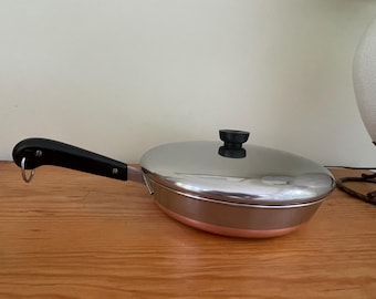Vintage Pre-1968 Revere Ware 10 Inch Skillet Pan with Lid, Copper Bottom, Slight Base Wobble - Best for Gas Stoves