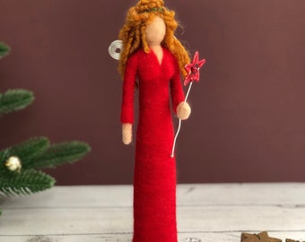 Fairy tree topper with tiara and wand, poseable art doll, handmade needle felt figure