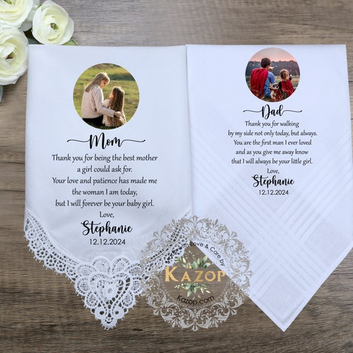 Photo personnalisée Mouchoir de mariage personnalisé pour les parents de la mariée/du marié - Cadeau de mariage Père de la mariée et mère de la mariée