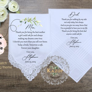 Wedding handkerchief-Bride Lace Handkerchief-Mom and dad handkerchiefs-Mother & Father of the Bride Gift from the Bride-Custom printed hanky