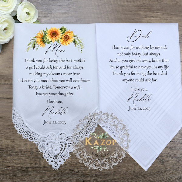 Sunflower Wedding handkerchief-bride & groom parents wedding gift-Personalized Gift set