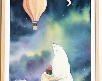 His dark materials inspired print, Lyra and Iorek, balloon watercolor, northern lights painting, fantasy illustration, Aurora borealis