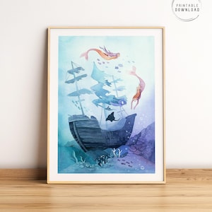 Fantasiemuurkunst zeemeerminnen, scheepswrak onderwater aquarel illustratie, magische oceaantekening, sprookjesachtige zeemeermin schilderij
