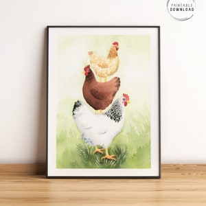 Chicken watercolour wall art, Easter digital print, Country Farmhouse decor, Instant download