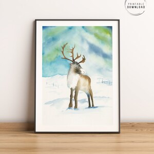 Reindeer northern lights watercolor printable wall art | Aurora borealis painting Christmas digital download, Nordic wall art decor