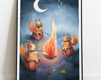 Squirrels having a campfire print, woodland animals bonfire, watercolor wall art, roasting marshmallows illustration, kids room decor