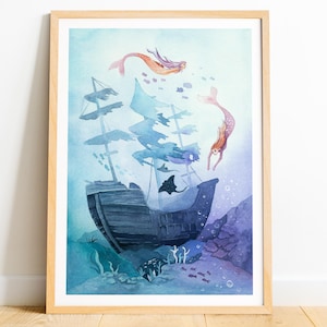 Stampa di sirene, arte murale fantasy, illustrazione ad acquerello di un naufragio sottomarino, disegno di un oceano magico, dipinto di una fiaba di sirene